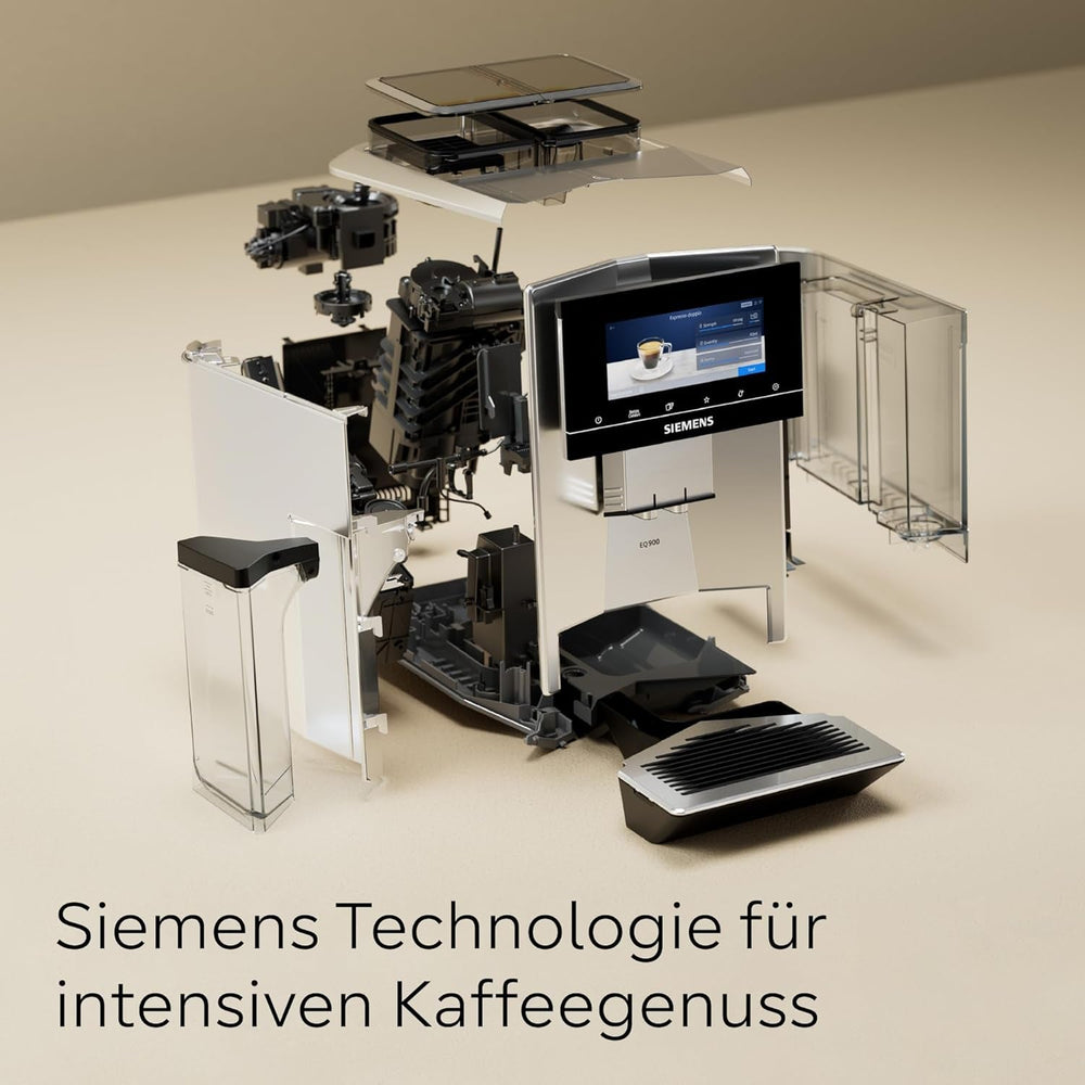 Machine à expresso automatique Siemens EQ900, grand écran couleur TFT, 2 réservoirs à grains, 36 boissons chaudes et froides, café froid, super silencieux, fonction deux tasses, contrôle par application, acier inoxydable, TQ907D03