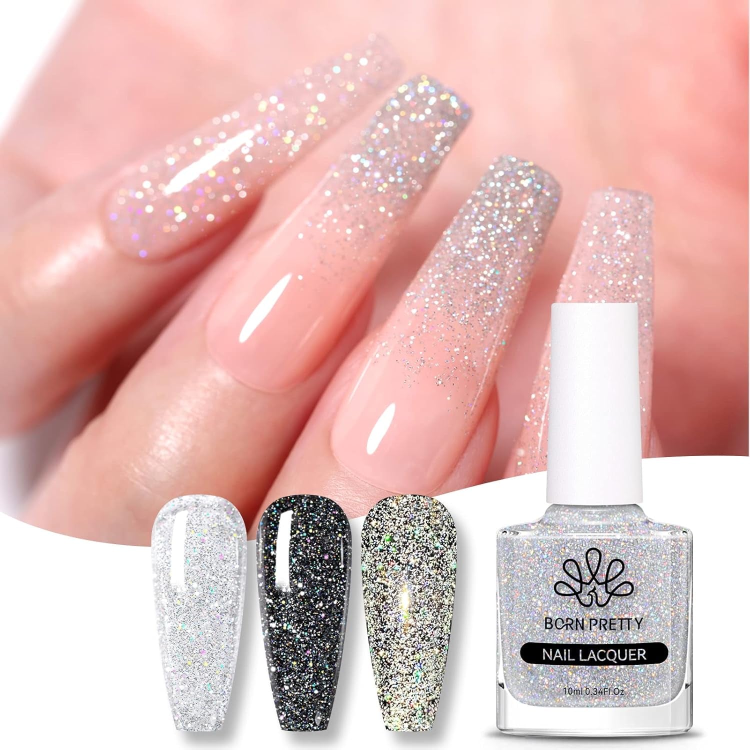 Vernis à ongles à paillettes Born Pretty, vernis à ongles noir brillant à paillettes arc-en-ciel Super Shine