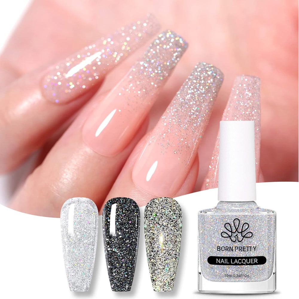 Vernis à ongles à paillettes Born Pretty, vernis à ongles noir brillant à paillettes arc-en-ciel Super Shine