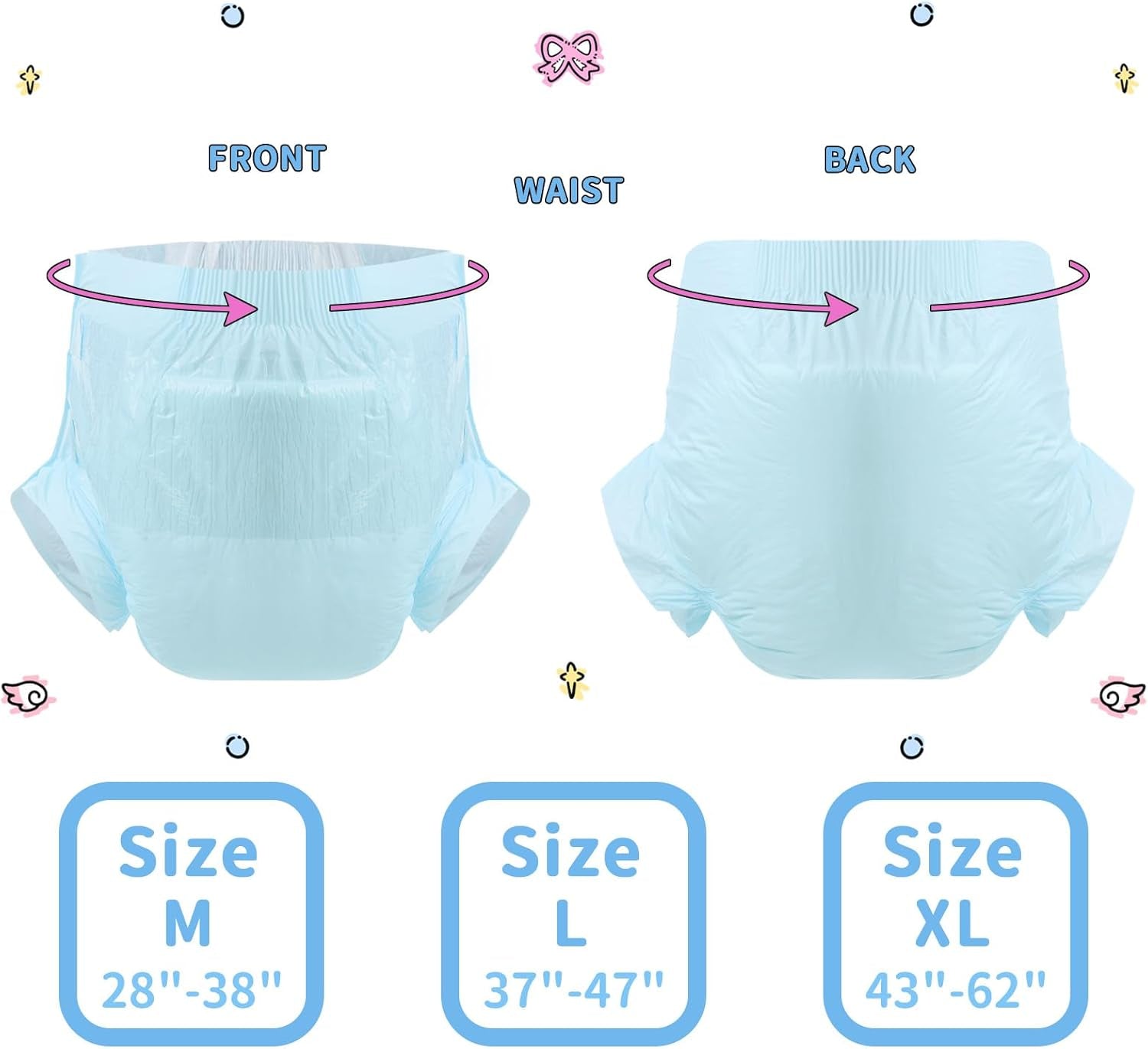 CutiePlusU Lot de 10 couches jetables pour incontinence avec boucles pour femme et homme, absorption maximale pendant la nuit – Bleu (grande taille 94-119 cm)