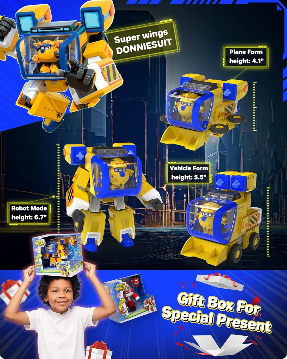 Super Wings EU750322 - Transforming New Robot Suit Donnie, Aprox. 23 cm figurină mare pentru copii, avion de jucărie transformabil și figurină robot, galben Action figures Naty Shop