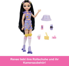 Dream Besties Poupée Barbie et accessoires, poupée Barbie Renee tendance avec patinage à roulettes et cheveux noirs, 12 accessoires thématiques avec vidéos et nourriture, JFX99