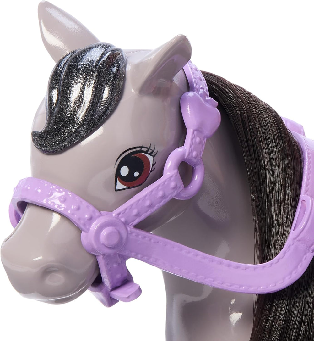 Poupée Barbie Chelsea and Ponies – Bouclez votre ceinture pour jouer et rouler en toute sécurité, selle et marches roses, comprend un casque et une jolie robe à carreaux, 3 ans et plus, HTK29