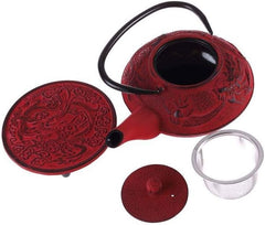 – Service à Thé Dragon Chinois – 1 Théière, 4 Tasses en Fonte et Passoire à Thé – Capacité 0,8L – Décor Asiatique Japonais – Idée Cadeau pour Vaisselle Japonaise – Couleur Rouge