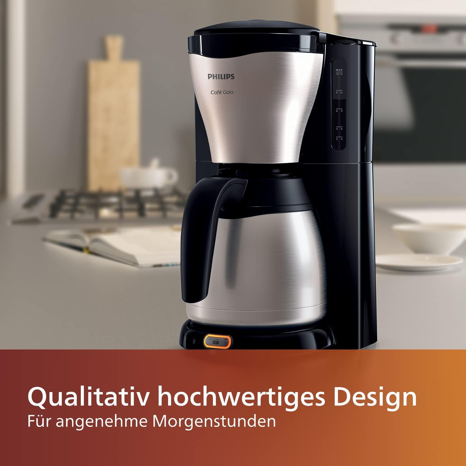 PHILIPS Café Gaia Machine à expresso à filtre - Carafe thermos en acier inoxydable, système anti-goutte, arôme intense, arrêt automatique, 1300 ml, noir (HD7546/20)