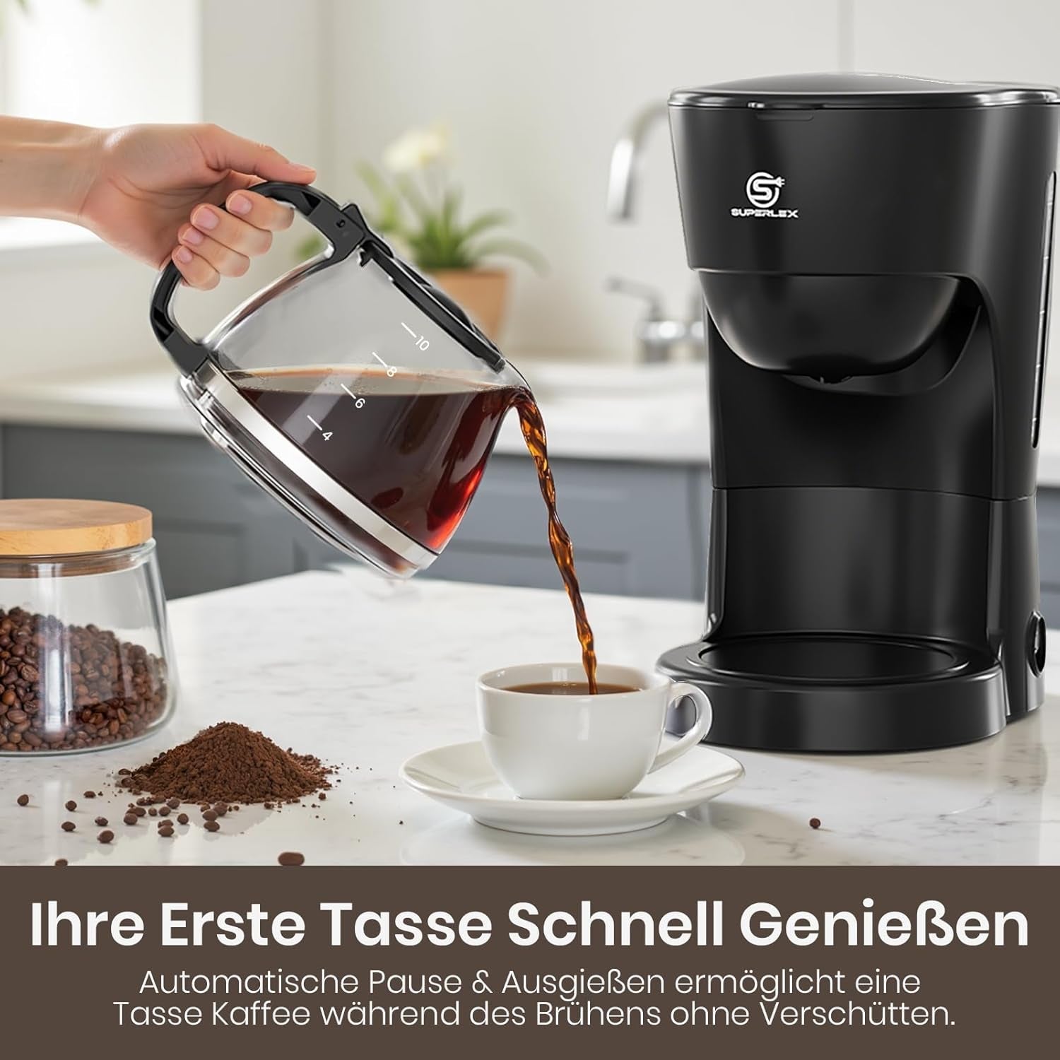 Cafetière filtre 1,25 L pour 10 tasses de café filtre, carafe en verre lavable au lave-vaisselle, thermos, système anti-goutte, arrêt automatique, 600 W, protection contre l'ébullition sans eau pour la maison et le bureau