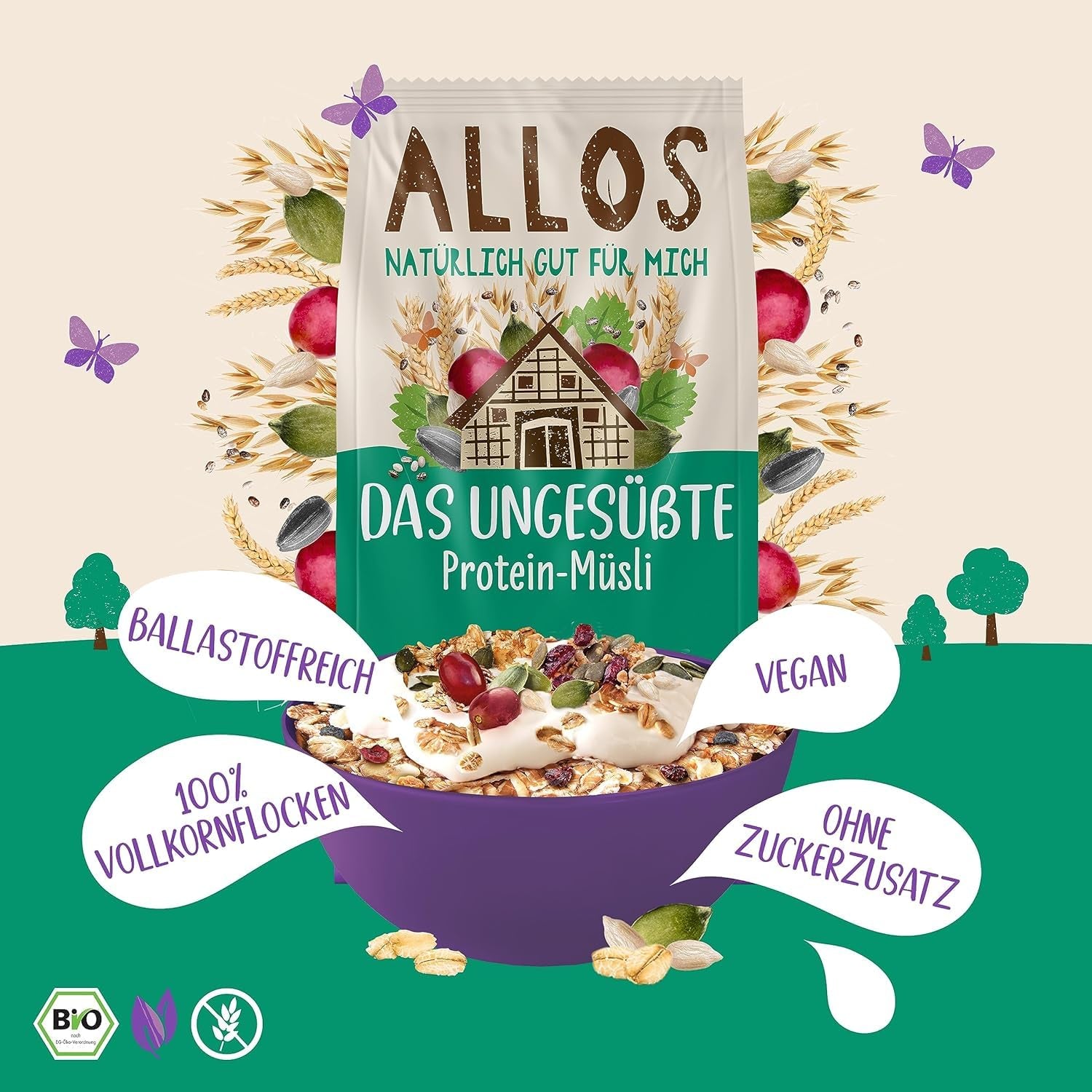 Allos muesli protéiné non sucré | Muesli biologique | Gruau | Céréales pour le petit déjeuner | Vegan (5 x 450g), 1 pièce (paquet de 5)