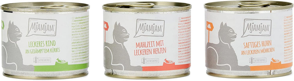 MjAMjAM - Nourriture humide de qualité supérieure pour chats - Pack mixte I - Poulet, bœuf, cœurs, paquet de 6 (6 x 200 g), sans céréales avec viande supplémentaire