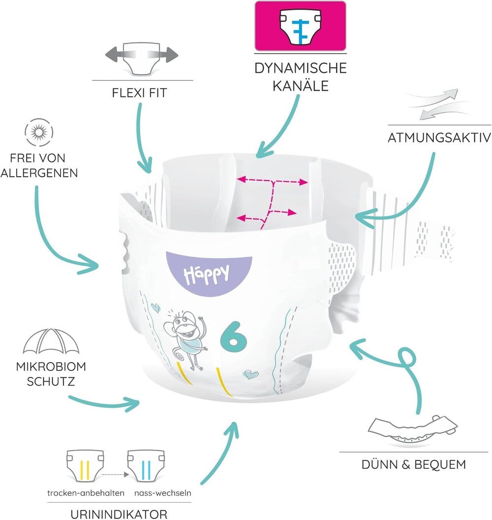 Couches Bella Baby Happy Premium, taille 6, Junior Extra, 15+ kg, 96 pièces, label DERMATEST et OEKO-TEX, couches jetables pour bébé