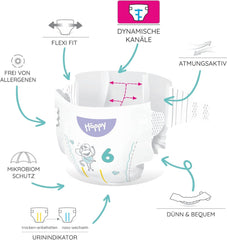 Couches Bella Baby Happy Premium, taille 6, Junior Extra, 15+ kg, 96 pièces, label DERMATEST et OEKO-TEX, couches jetables pour bébé