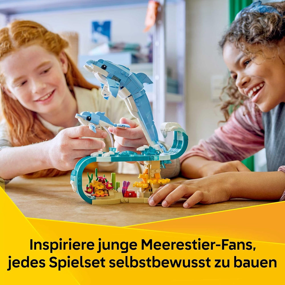 LEGO Creator 3-in-1-Set Meerestiere: Wunderschöne Delfine - Tierfiguren - Set mit 3 Optionen: Delfine, Seepferdchen & Krabbe - Spielzeug für Kinder ab 9 Jahren - Geschenk für Mädchen & Jungen - 31385
