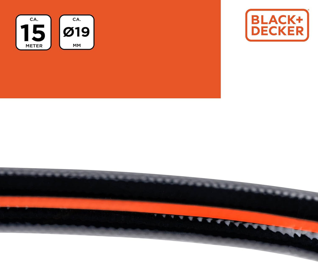 Furtun de grădină BLACK+DECKER 15 metri - Ø19MM - PVC durabil - Udarea grădinii, spălarea mașinii, umplerea piscinei - Compatibil cu orice robinet standard - Negru/Portocaliu