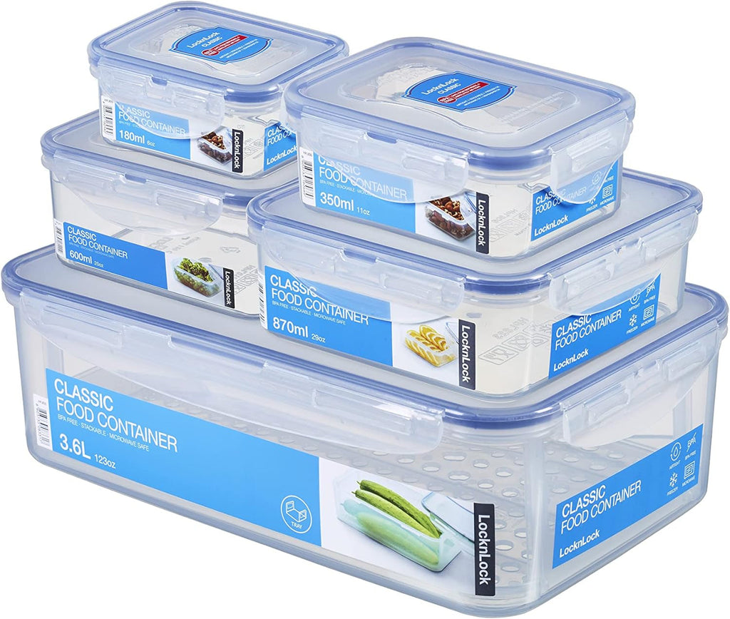 LocknLock PP Classic set borcan pentru depozitarea alimentelor 5pcs | 180ml, 350ml, 600ml, 870ml, 3.6L | 100% etanș la aer și apă | fără BPA | organizator pentru congelator și frigider | sigur pentru mașină de spălat vase și microunde Cutii depozitare alimente Naty Shop Pătrat 5pcs.