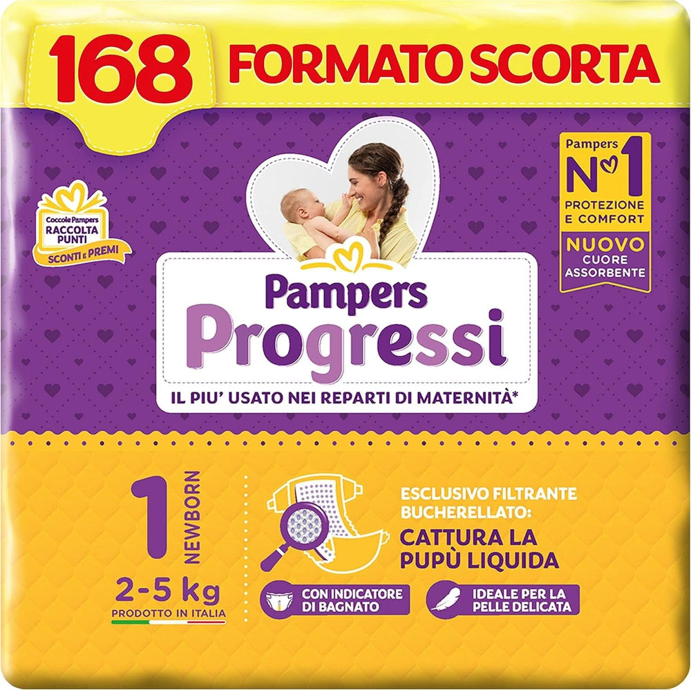 Pampers Progressi nou-nascut, 168 scutece, Marimea 1 (2-5 Kg) Mama si Copilul Naty Shop