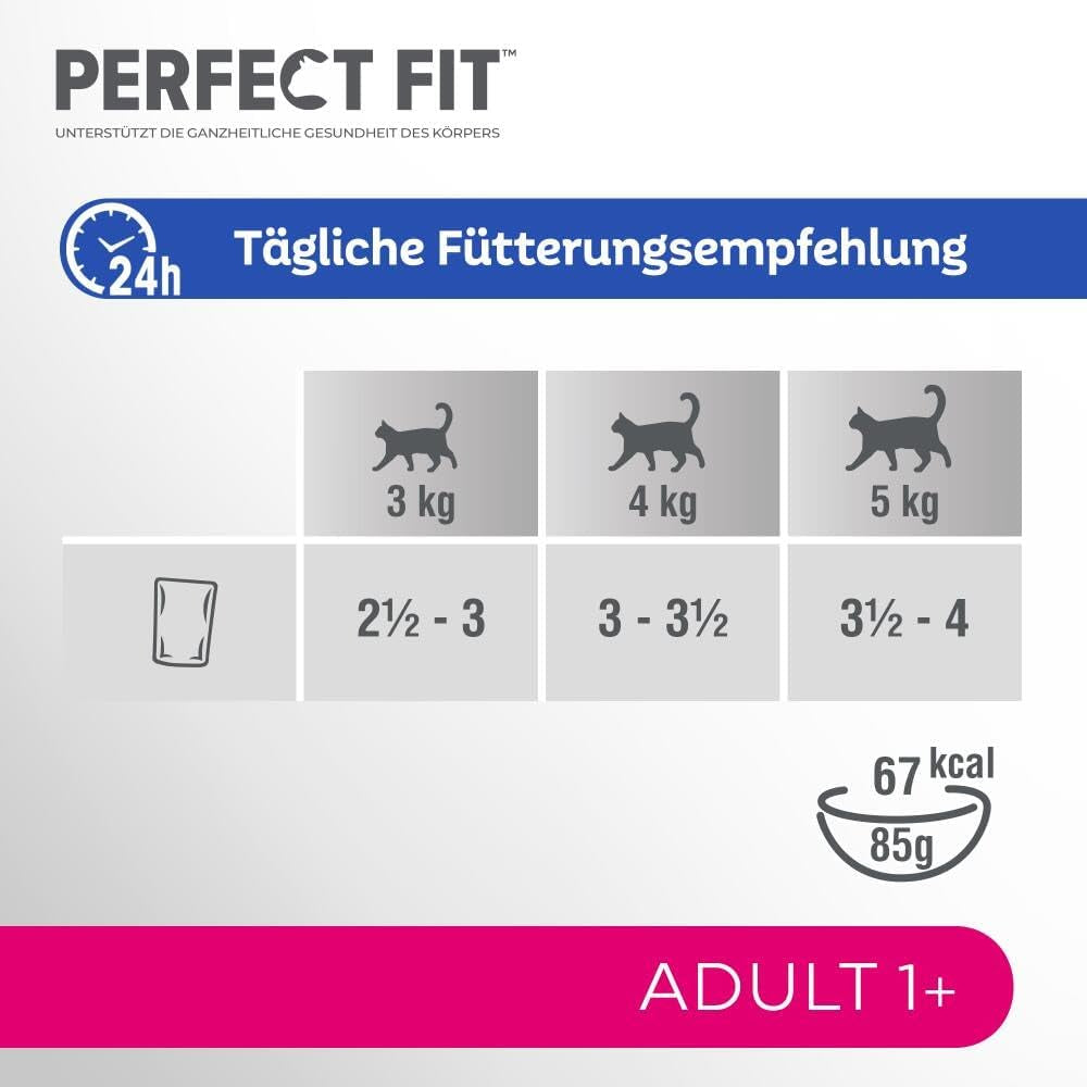 Sélection de nourriture humide Perfect Fit Adult 1+ au saumon, poissons d'eau profonde, bœuf et poulet, 48 sachets, 12x85g (paquet de 4) - Nourriture humide premium pour chat adulte à partir de 1 an
