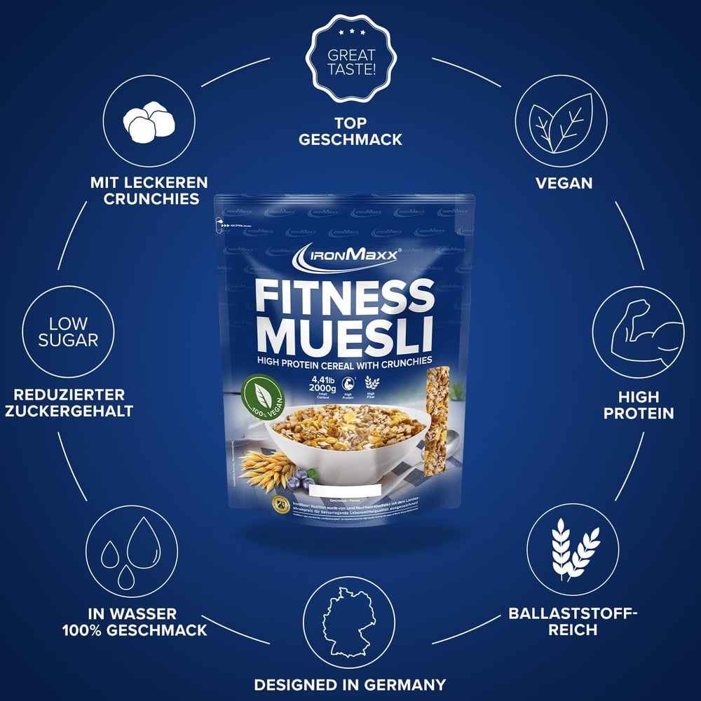 IronMaxx Fitness Muesli - Biscuits et crème, sac de 2 kg | Muesli végétalien riche en protéines et croustillant | Faible en sucre et riche en fibres