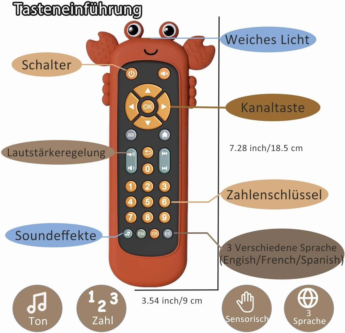 Jouet télécommandé pour bébé avec lumière et musique, anneau de dentition en silicone souple, joli tapis d'éveil, jeu musical télécommandé réaliste en 3 langues, jouet éducatif précoce à partir de 6 mois