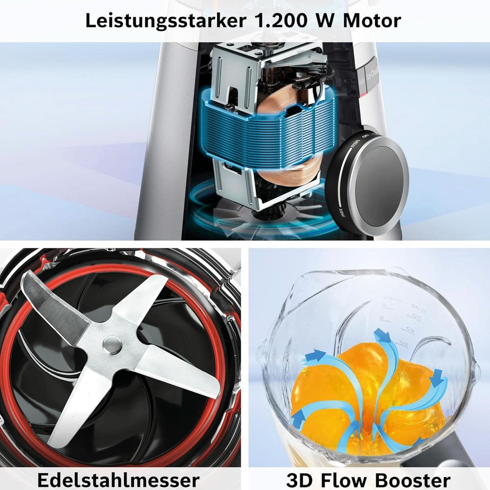 Bosch Batteur sur socle Vitapower Serie 4 MMB6174SN, Version Verbesserte, Hochwertige Edelstahl-Klingen, 1,5L Glasbehälter, 0,6L To-Go-Flasche, Spülmaschinenfeste Teile, 30 000 U/Min, 1200 W, Silver Kitchen Naty Shop