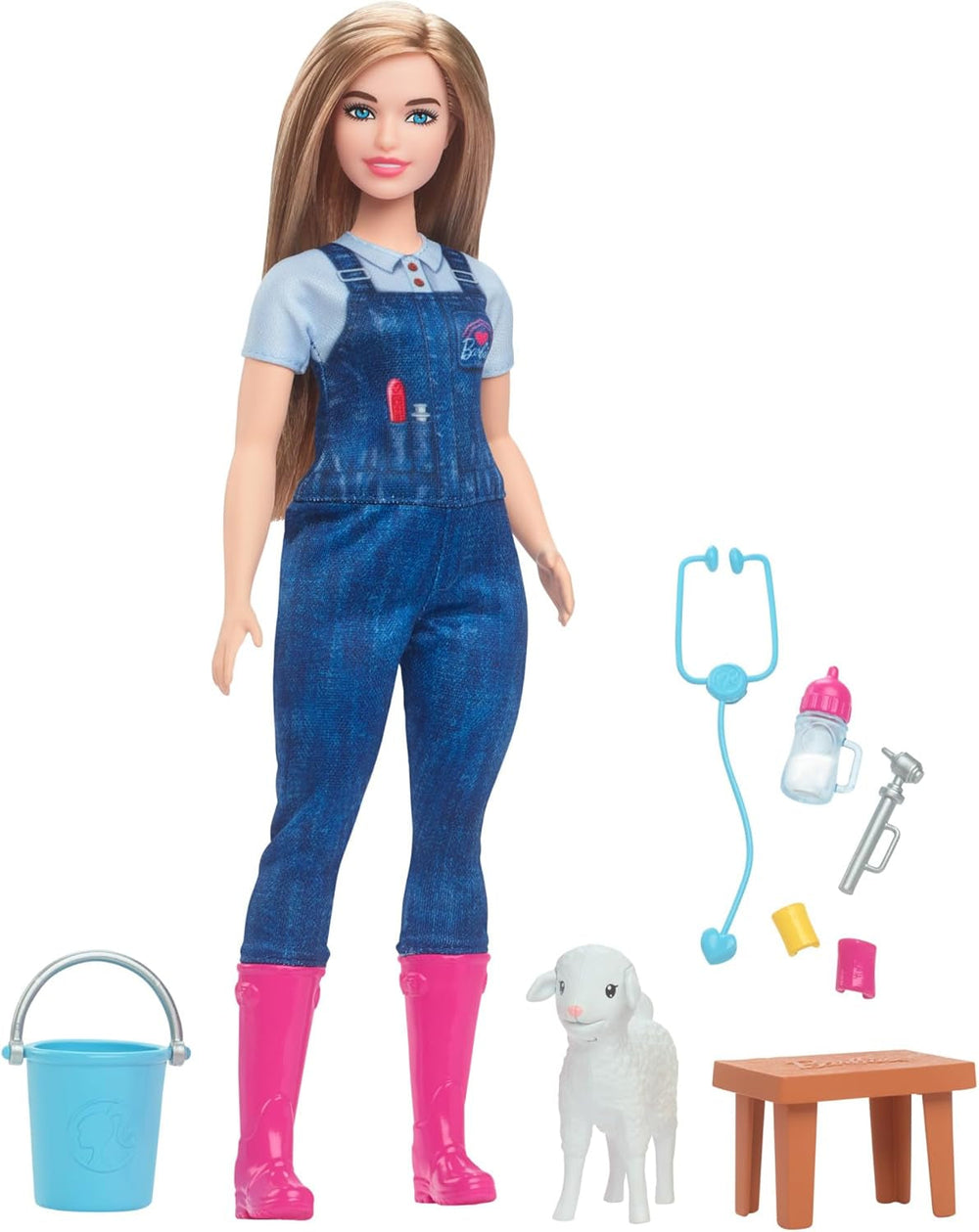 Barbie-Puppe zum 65. Jubiläum und 10 Zubehörteile, Hoftierärztin-Set mit Blonder Tierärztin-Puppe, Lamm mit bewegbaren Ohren und mehr, HRG42