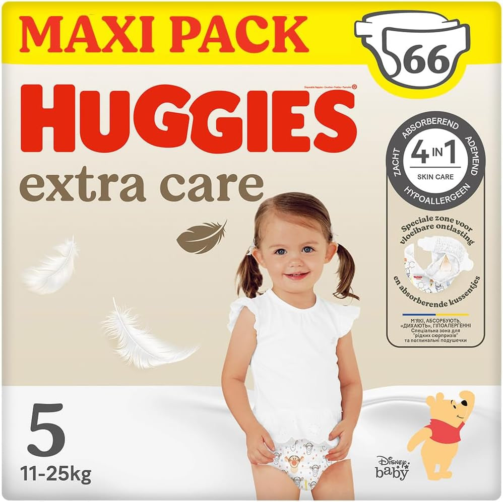 Couches Huggies Extra Care Disney pour bébé, taille 5 (12-22 kg), paquet de 2 x 33 couches, 66 couches au total