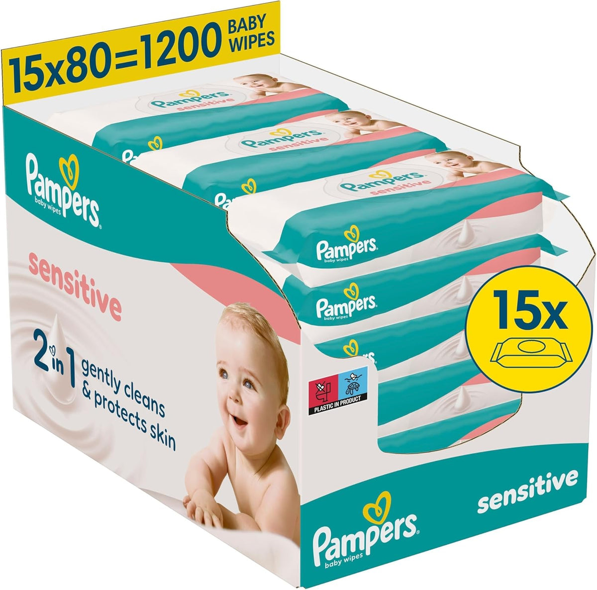 Lingettes Pampers Sensitive pour bébé, paquet de 15 de 80 lingettes, 1200 lingettes pour bébé, nettoyage doux 2 en 1 et protection de la peau
