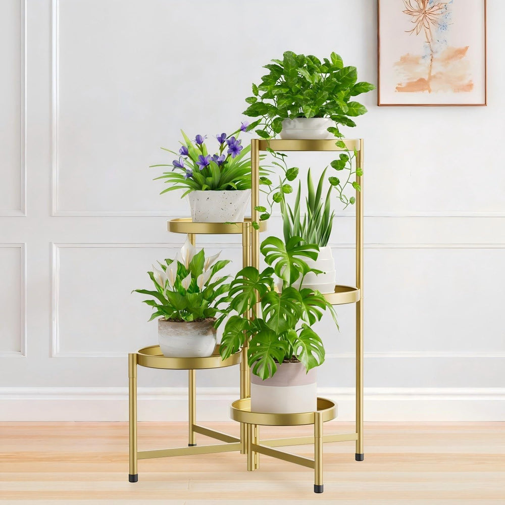 Idavosic.Ly Pflanzenständer Metall Groß Mit 5 Etagen, Blumenständer Pflanzenregal Blumenregal Indoor Outdoor, Faltbar Blumentreppen Innen Plant Stand Shelf Für Garten Balkon Wohnzimmer (Rund, Schwarz)