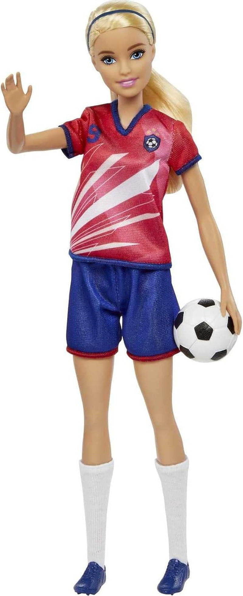 Barbie Série You Can Be Anything, Joueur de football, Joueur de football aux cheveux blonds, Maillot rouge et bleu, Ballon, Accessoires, Poupée incluse, Cadeau à partir de 3 ans, HCN17