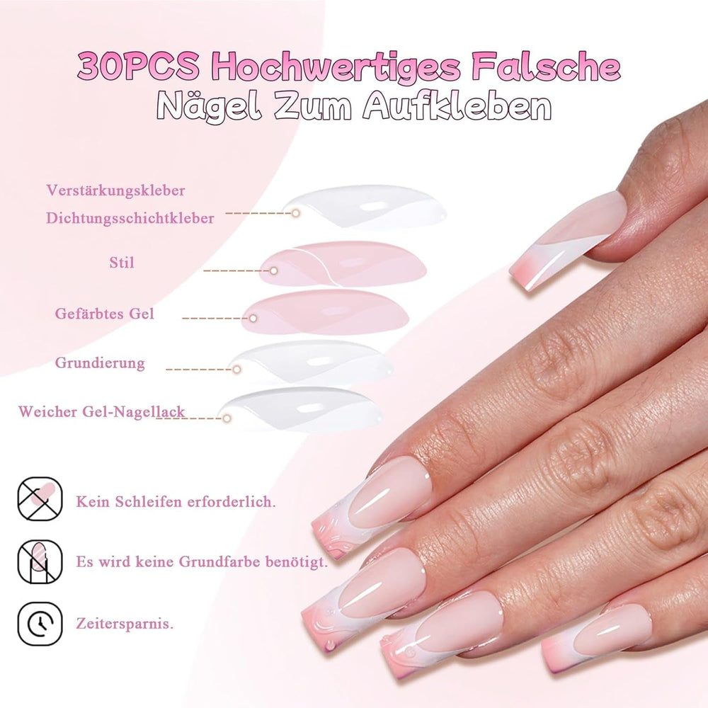 30pcs Faux Ongles Français - Colle sur Ongles Artificiels - Ongles en Gel Doux pour Femme - Ongles Adhésifs Acryliques Manucure Carrée (Rose Français)