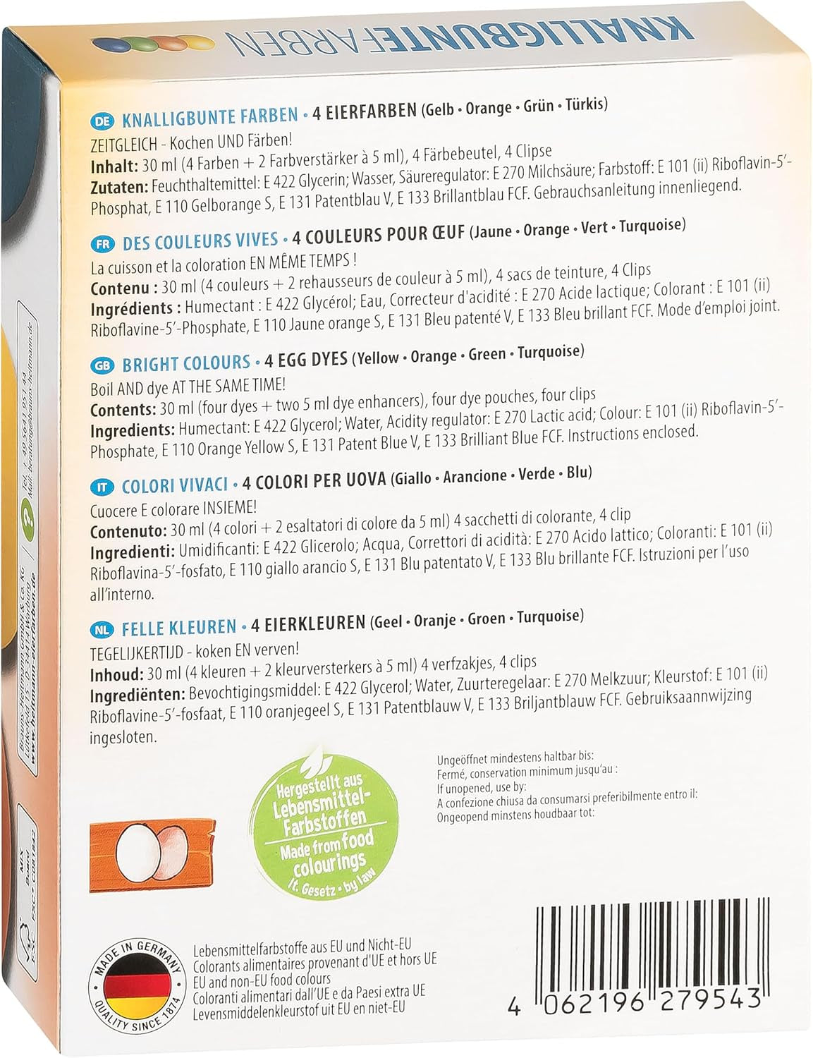 Heitmann Egg Dyes Bright Colors - 4 flacons de teinture pour œufs (jaune, orange, vert, bleu), 2 rehausseurs de couleur, 4 sacs de teinture, 4 clips