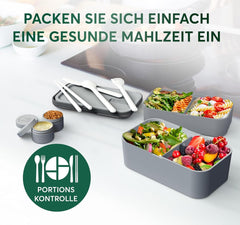 Boîte à lunch Umami pour adultes, boîte à bento empilable avec 4 couverts et compartiments, boîte à lunch adulte, récipient à salade à emporter, boîte à lunch pique-nique/bureau, gris anthracite, boîtes de conservation des aliments 1500 ml Naty Shop