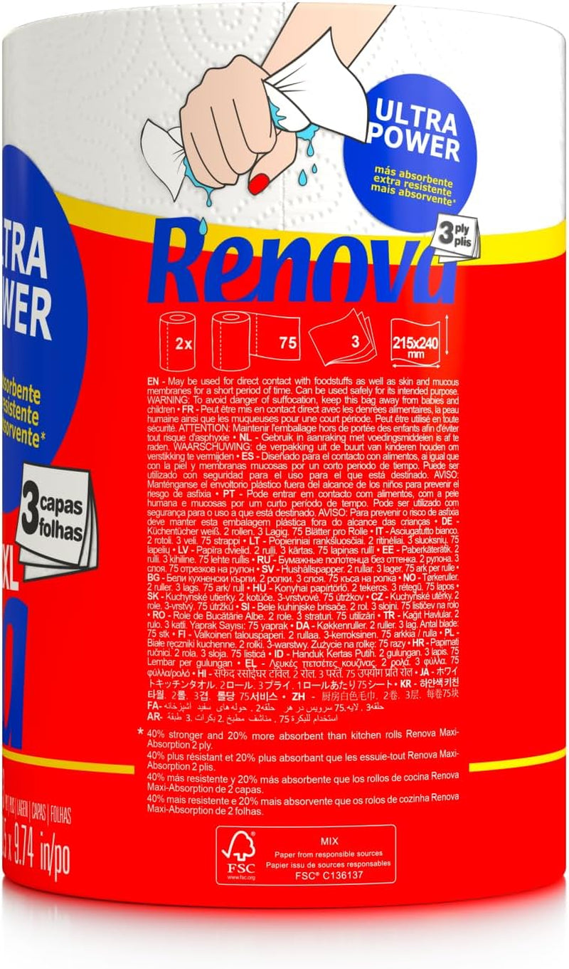 Rulouri de bucătărie Renova Renova Ultrapower | 24 rulouri XXL = 60 rulouri standard | 3 straturi ultra-absorbante și cu rezistență maximă | Hârtie certificată Fsc