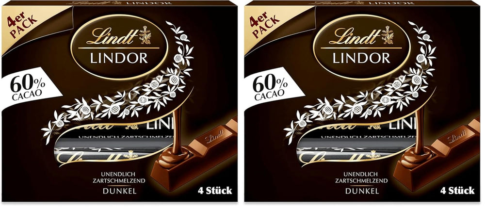 Chocolat Lindt | Sticks LINDOR 60% Cacao | 100g | 4 tablettes de chocolat fourrées au chocolat noir 60% de cacao et fondantes | Barre de chocolat