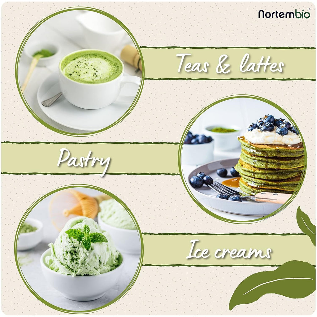 Nortembio Matcha Tea Powder 100 g. Ceai verde japonez fără aditivi și conservanți. Ceai verde Matcha de calitate culinară. Ideal pentru latte, deserturi și produse de patiserie.