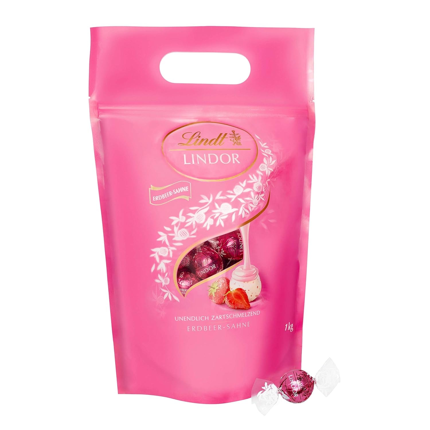 Mélange de chocolat LINDOR | 1371g | Env. 109 boules : Boules de chocolat au lait et LINDOR à la crème de fraise | Sac de 1 kg, env. 80 boules de chocolat chocolat blanc à la crème de fraise