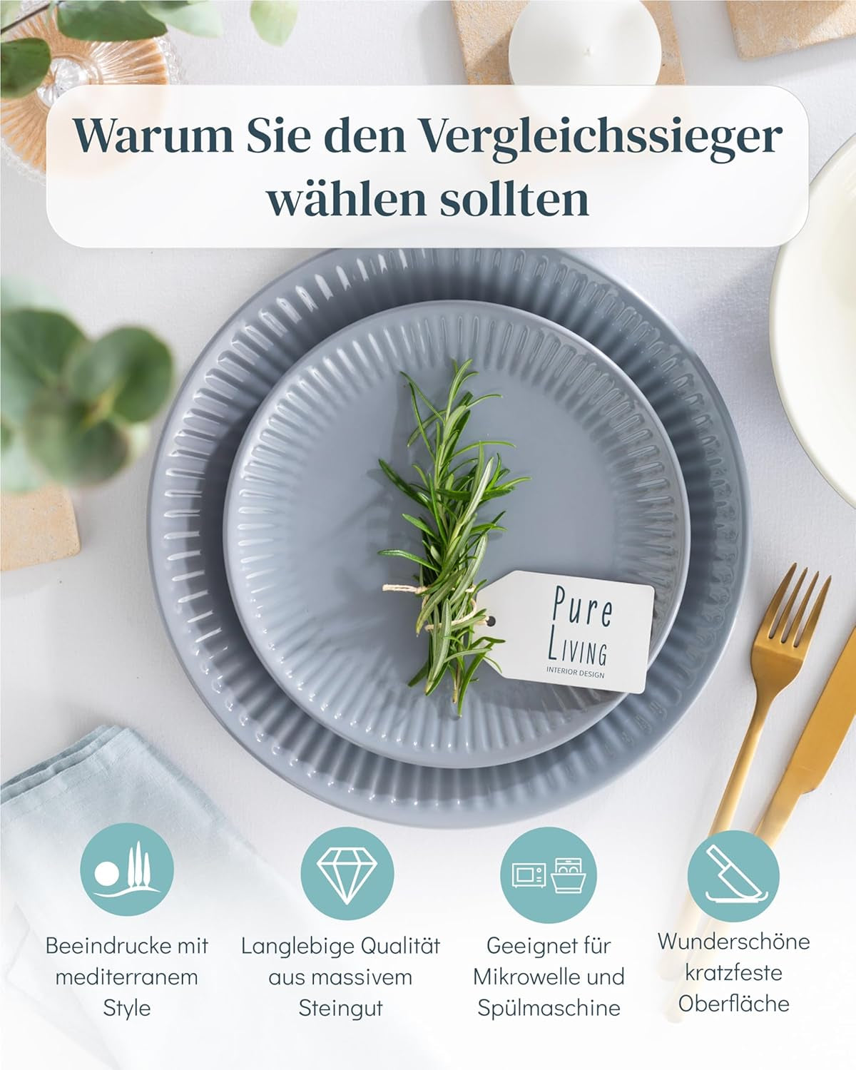 Service de table en céramique pour 6 personnes, Hygge, 24 pièces. GAGNANT DU TEST Service de table en grès scandinave de rêve, bol et assiettes, service de table pour 6 services de vaisselle Pure Living en gris bleu
