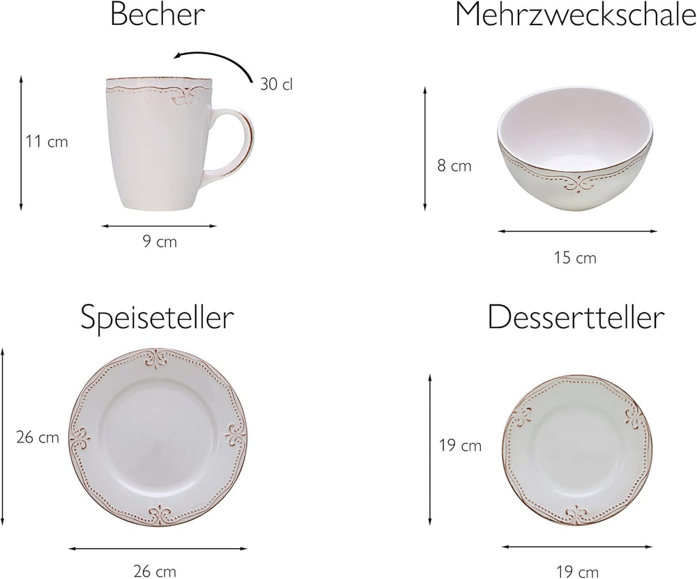 CreaTable, 23601, Série Romantic Vintage, Service de table 16 pièces pour 4 personnes, Service combiné en porcelaine, Passe au lave-vaisselle et au micro-ondes, Fabrication de qualité