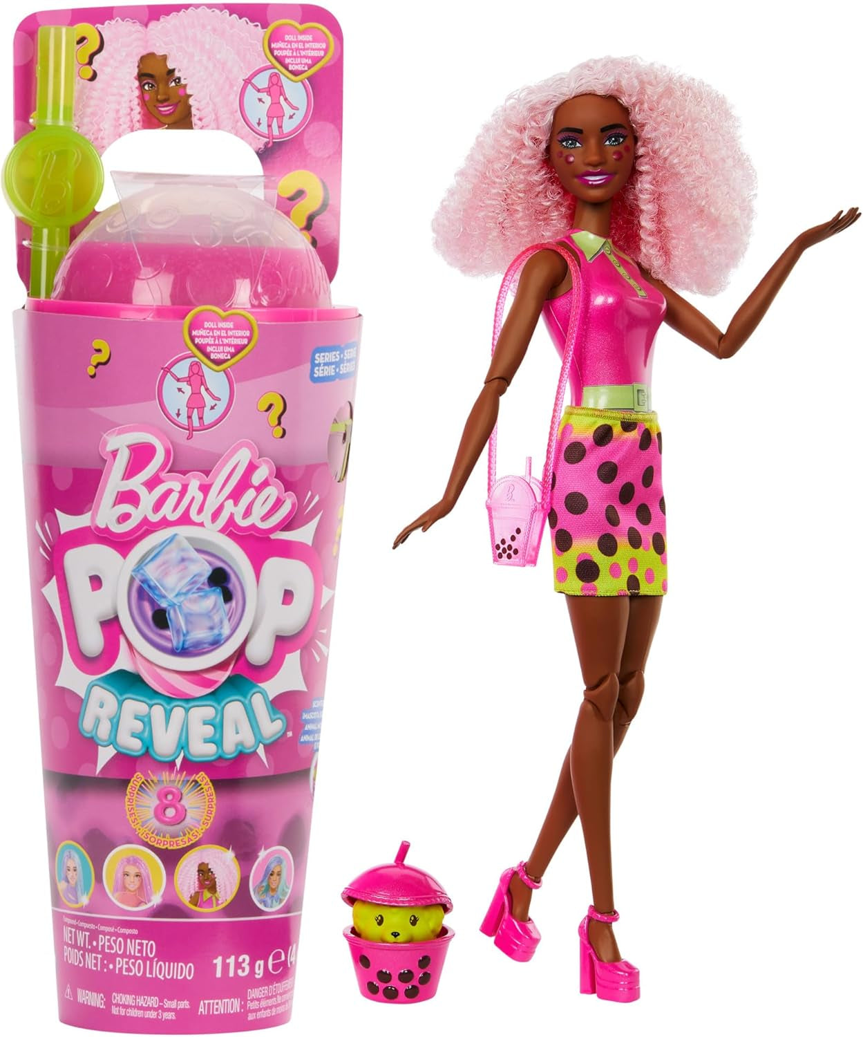 Barbie Pop Reveal Poupée Bubble Tea et accessoires, poupée mannequin parfumée Berry Bliss avec animal de compagnie, 8 surprises, avec changeur de couleur, tasse de rangement, HTJ20