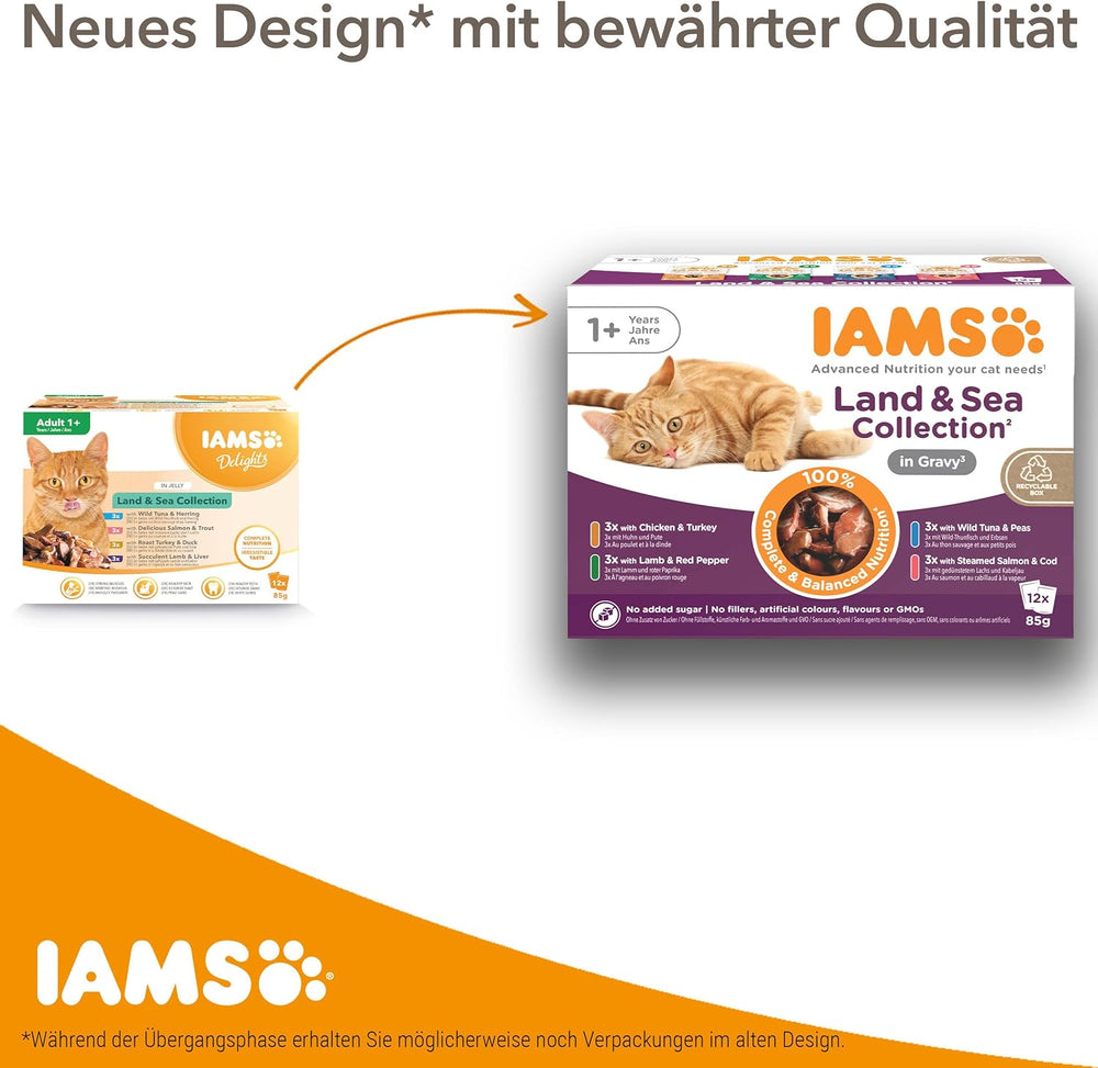 IAMS Delights Land Collection Nourriture humide pour chats - Multipack avec variétés de viandes (agneau, bœuf, poulet et dinde) en sauce, nourriture humide pour chats à partir de 1 an, 12 x 85g