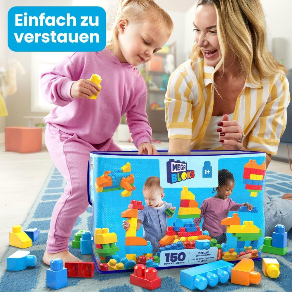 MEGA BLOKS First Builders Jeu de jouets pour petits enfants, jouets de luxe avec 150 pièces et jouets créatifs, jeux ouverts, bleu, à partir de 1 an, CNM43