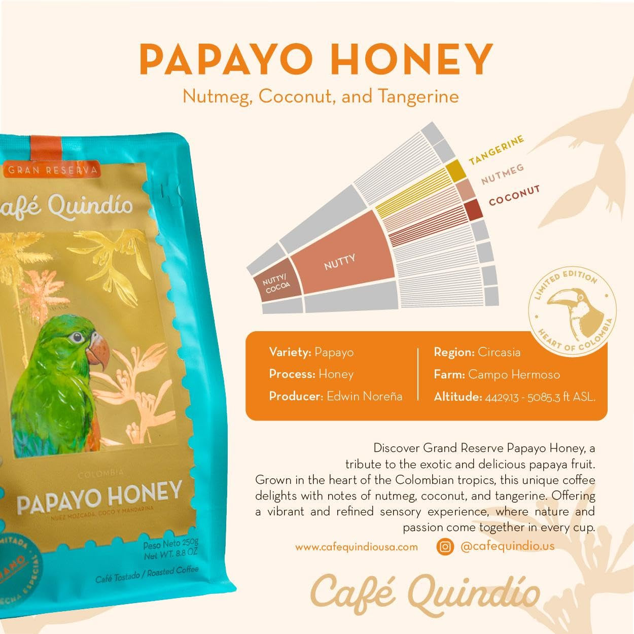 Café Quindio Papayo Honey Specialty Coffee - Café en grains 100% Arabica d'origine unique Colombie - aux notes naturelles de muscade, noix de coco et mandarine (250g) - idéal pour Chemex