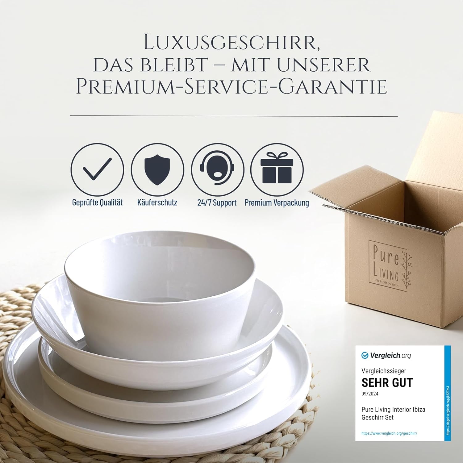 Service de table en porcelaine Crystal 48 pièces, gagnant du test, service de table en porcelaine transparente, bols et assiettes, service de table pour 12 services de table Pure Living en blanc