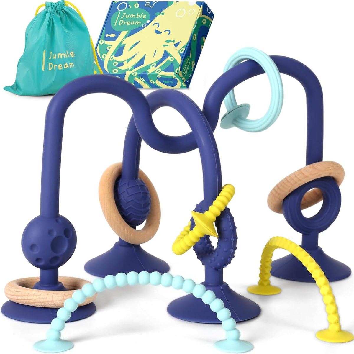 JUMBLE JANGLE Anneau de dentition pour bébé : jouet de dentition pour bébé de 3 à 24 mois | Ensemble de 7 jouets à mâcher sans BPA | Anneau de dentition en silicone rafraîchissant | Jouet pour tout-petit avec ventouse pour chaise haute, table et baignoire