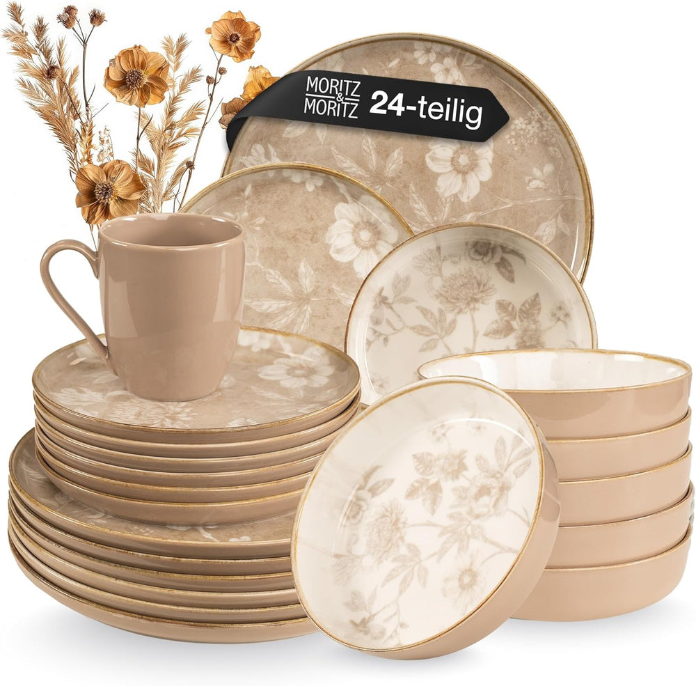 Moritz & Moritz MARIELLA Service de table en grès pour 6 personnes, 24 pièces - Vaisselle beige moderne au design ludique, service à café facile d'entretien avec assiettes, bols et tasses - Service combiné