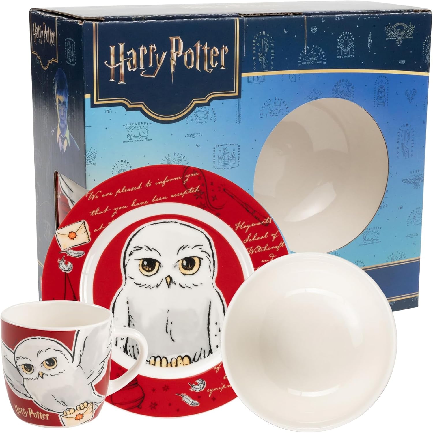 Service de table Harry Potter 3 pièces, rouge, service de petit-déjeuner en porcelaine avec assiette Ø 19 cm, tasse 220 ml et bol 330 ml, service de table