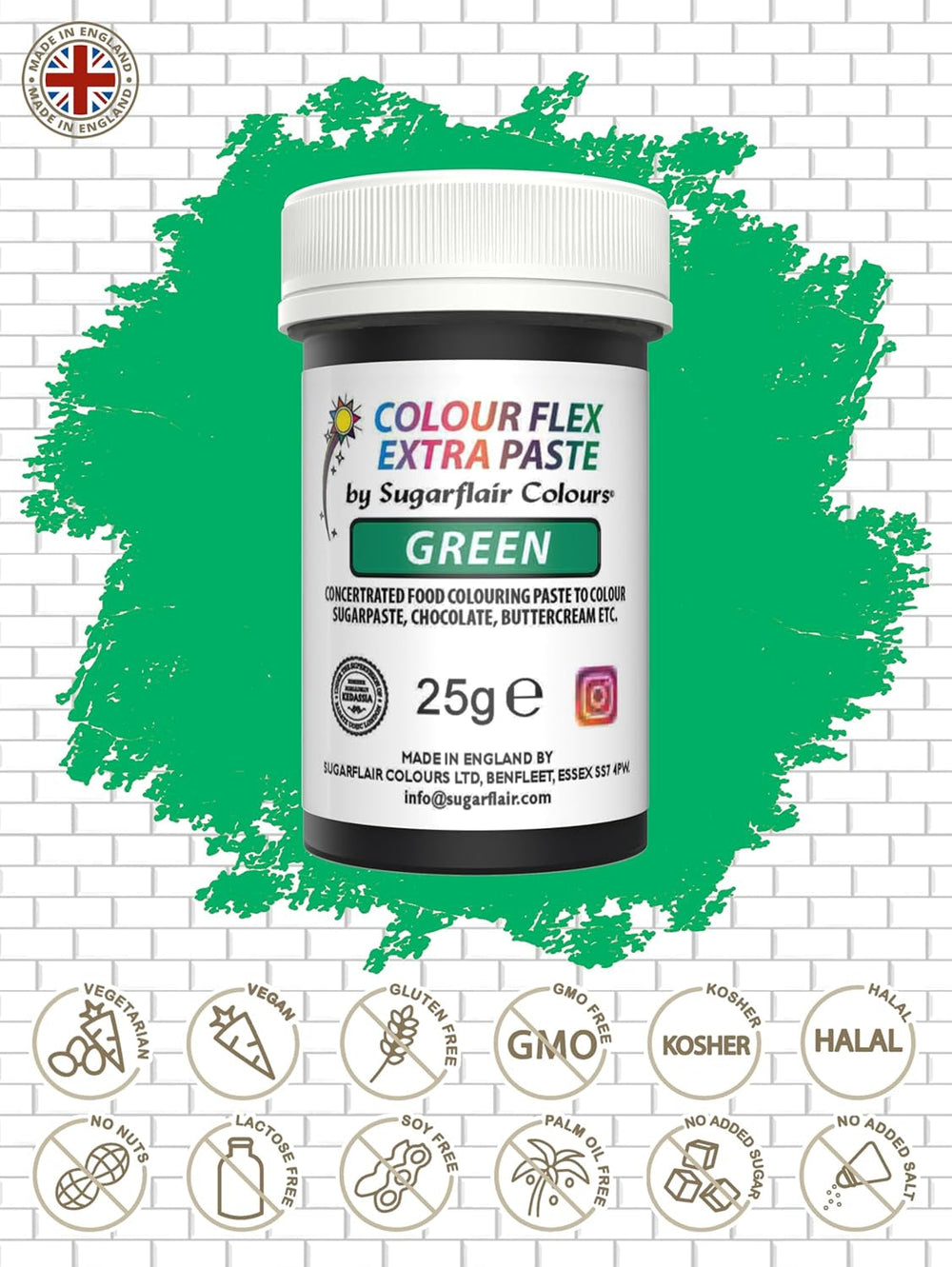 Colorant alimentaire Sugarflair Colourflex Extra Paste Verde - Colorant alimentaire comestible pour crème au beurre, chocolat, pâte à sucre, glaçage, fondant, mélanges à gâteaux, pâte et plus - 25g