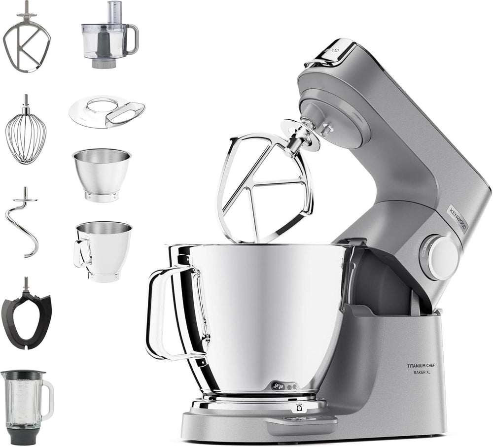 Kenwood Titanium Chef Baker KVC65.001WH, Küchenmaschine Mit Integrierter Waage, 1200 Watt, Inkl. 3-Teiligem Patisserie-Set, Spatel & Spritzschutz, Weiß Mama si Copilul Naty Shop Silber Chef Baker Xl