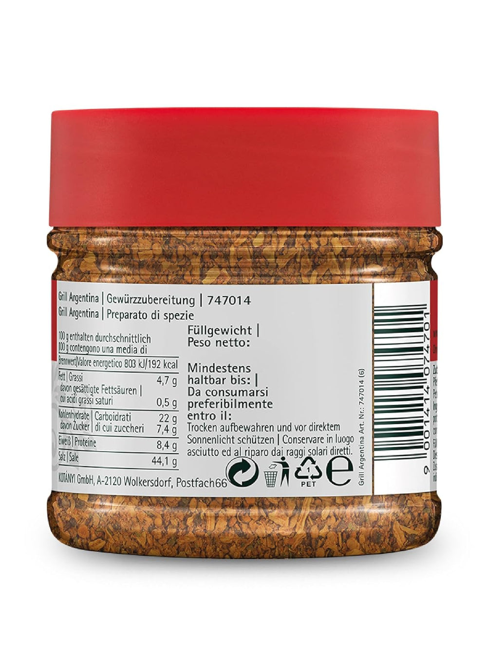 Kotanyi Gourmet Grill-Argentine Gewürzzubereitung, avec Paprika, Pfeffer, Coriandre et plus, fruchtig-épicé, 400ccm, 285 g