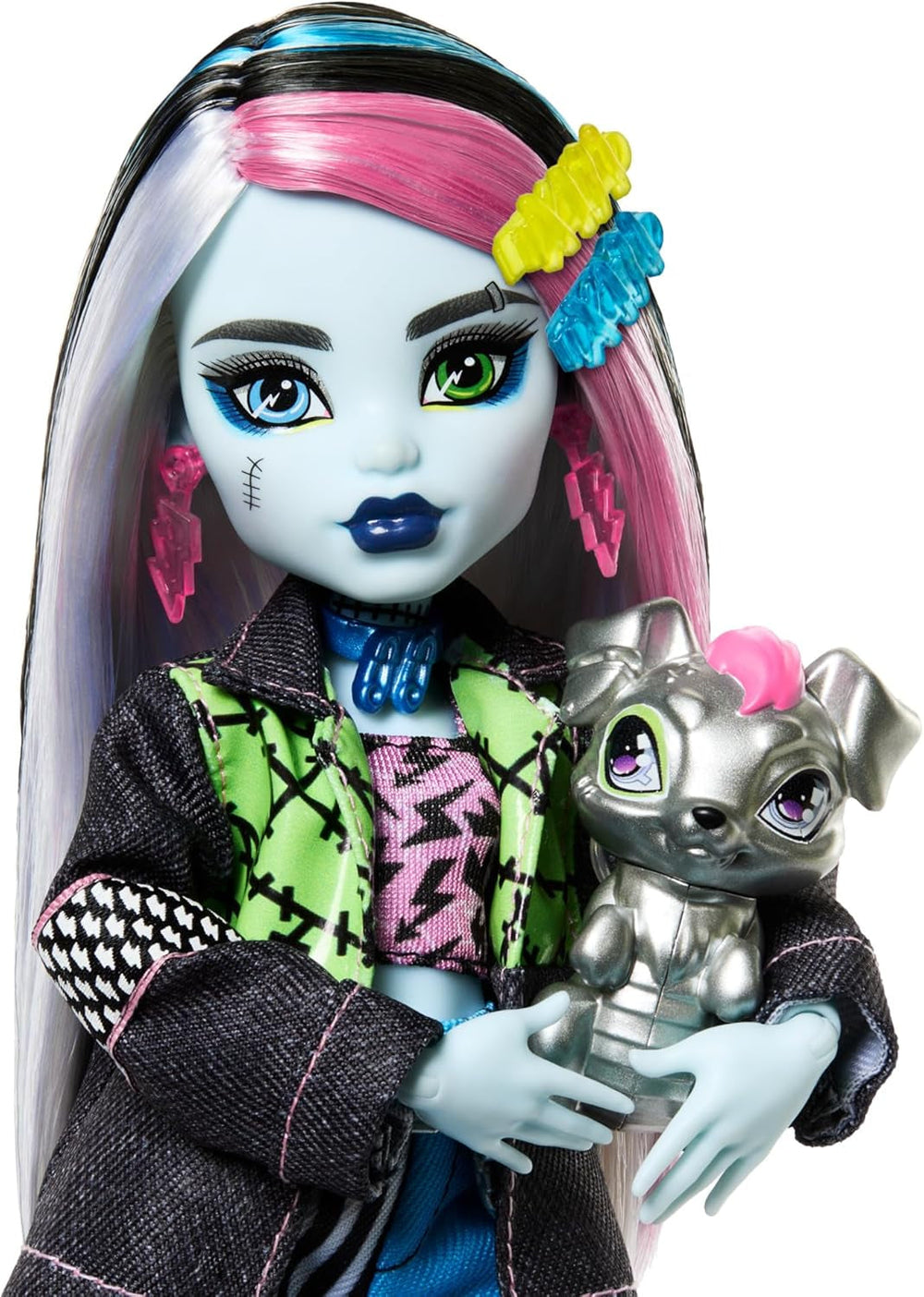 Monster High Frankie Stein-Puppe in Jeansjacke und Shorts, zum Lieferumfang gehören auch Ihr Hund Watzie und Zubehörteile wie EIN Rucksack, EIN Snack und EIN Notizbuch, HXH73