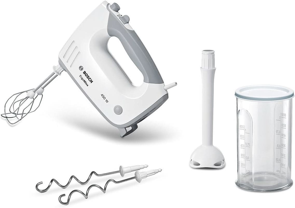 Bosch Hausgeräte Handrührer Ergomixx MFQ36440, 2 Rührbesen, 2 Edelstahl-Nethaken, Pürierstab, Becher, Spülmaschinengeeignet, 5 Stufen plus Turbostufe, 450 W, Weiß Kitchen Naty Shop
