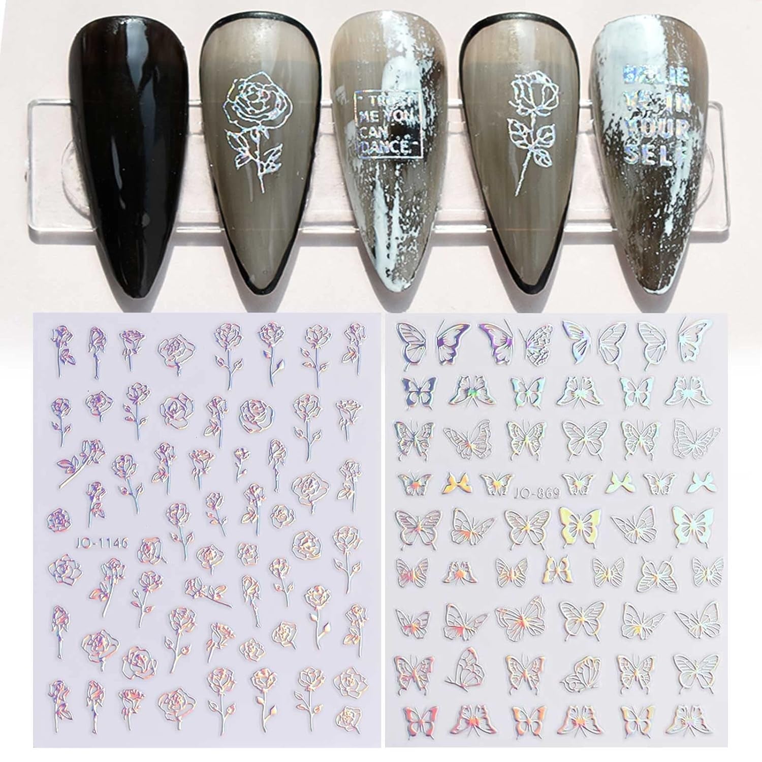 JMEOWIO Nagelsticker Aurora Holografisch 9 Blatt Nagelaufkleber Selbstklebend Herz-Flamme Spielt Schmetterlings-Mond Die Hauptrolle Nail Art Sticker Dekoration Nageldesign Zubehör